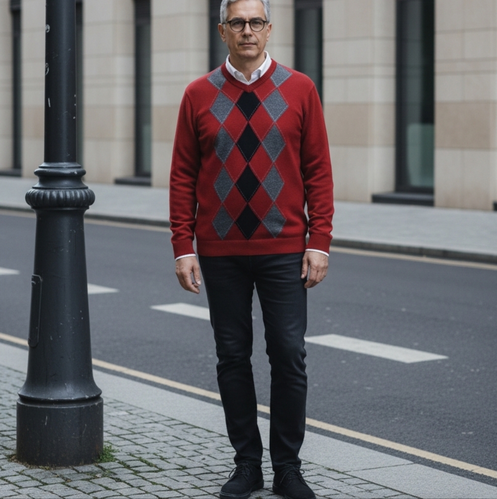 Apt. 9 100% Merino  Men's V-Neck Red -Gray Argyle Sweater XXL